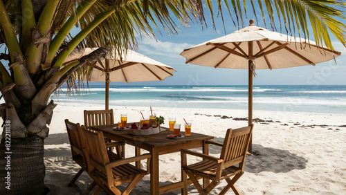 Beachside dining setup with ocean view.