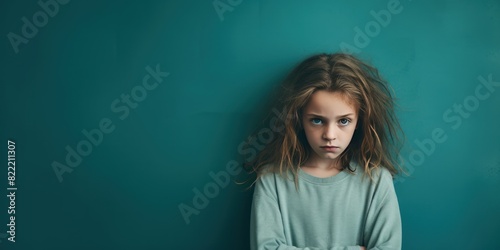 Cyan background sad European white child realistic person portrait of young beautiful bad mood expression child Isolated on Background depression anxiety fear burn out health issue problem mental over © Zickert