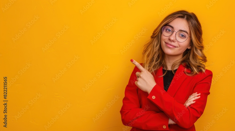 Woman pointing finger at empty floor on a yellow background Woman pointing finger at empty floor on a yellow background