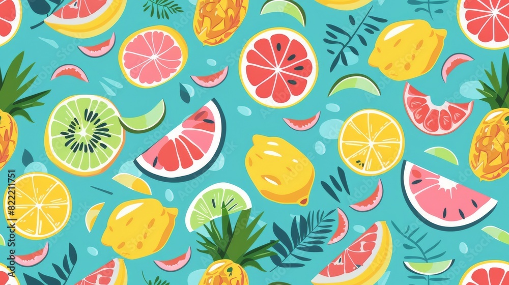 A vibrant, playful pattern featuring various citrus fruits and watermelons interspersed with tropical leaves on a turquoise background A vibrant, playful pattern featuring various citrus fruits and watermelons interspersed with tropical leaves on a turquoise background