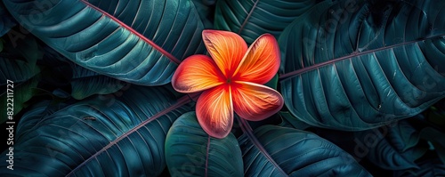 Vibrant tropical flowers in vivid colors stand out against the deep green foliage. The striking contrast creates a lush  exotic atmosphere  highlighting the beauty of nature