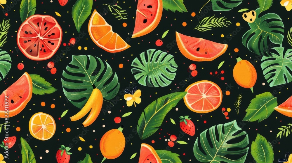 The image displays a vibrant array of fruits and tropical leaves on a dark backdrop, giving it a lively and refreshing aesthetic