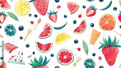 This image displays a vibrant pattern featuring illustrations of various fruits like strawberries  watermelons  and citrus  along with popsicles and leaves