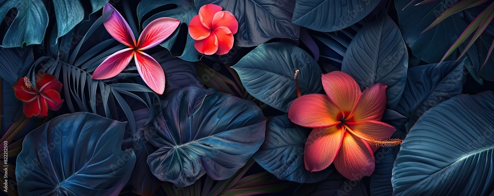 Obraz premium Vibrant tropical flowers in vivid colors stand out against the deep green foliage. The striking contrast creates a lush, exotic atmosphere, highlighting the beauty of nature