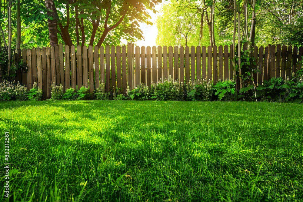Wooden fence stretches into the distance behind lush green grass. Wooden fence stretches into the distance behind lush green grass.