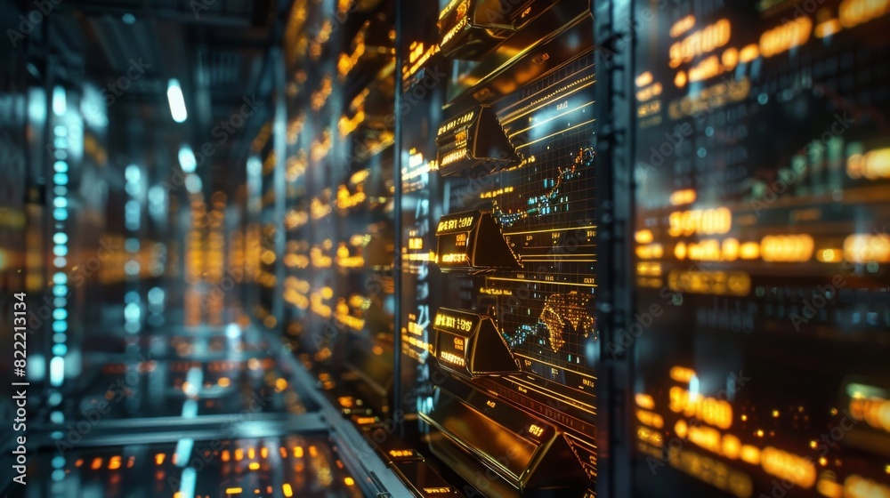 High-quality image of a vault filled with gold bars and real-time market data