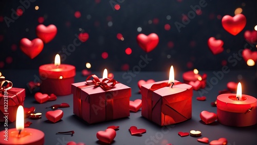 There are several red candles of varying sizes, and red and white heart-shaped boxes with red ribbons on a black surface. There are also red heart-shaped confetti scattered around.

