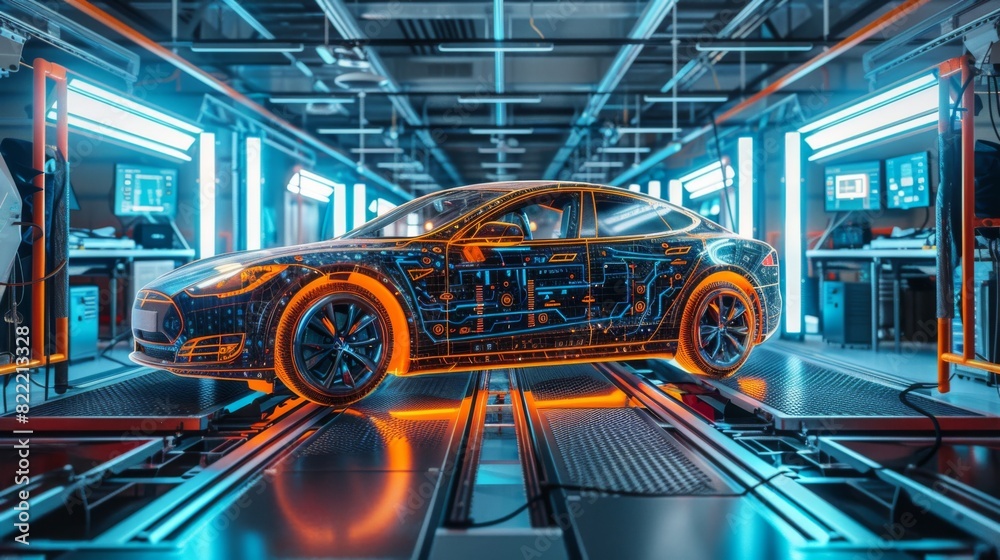 Obraz premium High-quality image of an EV car undergoing a full diagnostic scan in a service bay