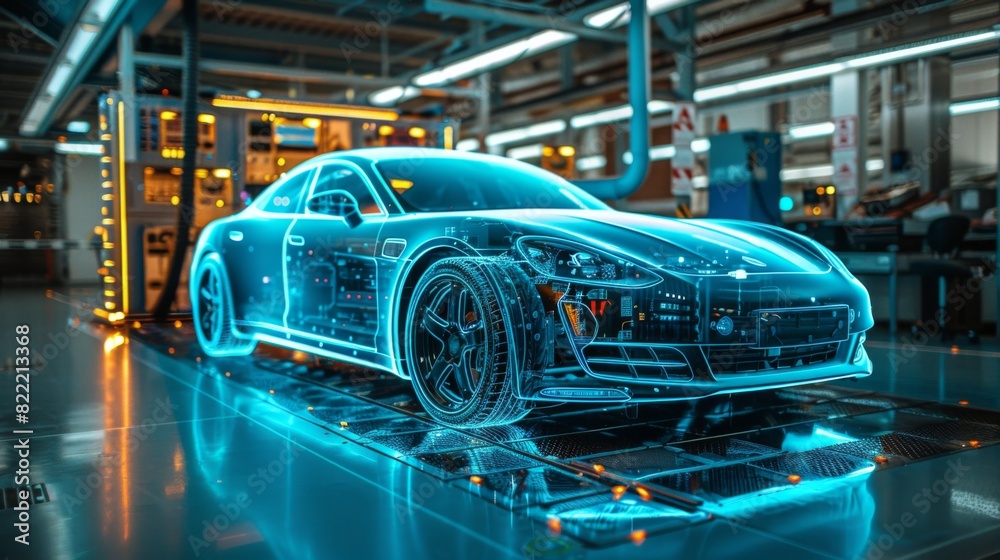 High-quality image of an EV car undergoing a full diagnostic scan in a service bay High-quality image of an EV car undergoing a full diagnostic scan in a service bay