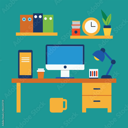 Office workspace desk icon. Computer table with folders line and version, outline and filled vector, Different style icons set