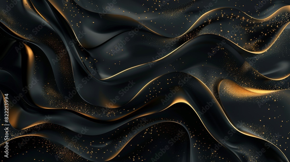 Obraz premium This image showcases a luxurious wavy black fabric texture with sparkling golden glitter, suitable for backgrounds or design elements