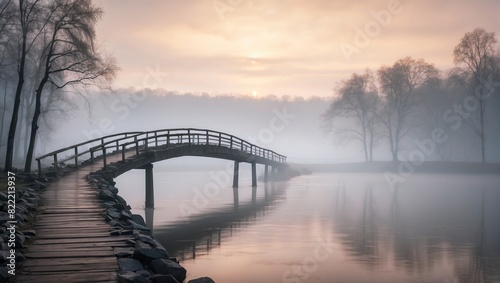 This is a picture of a bridge over a river on a foggy day. There is a wooden dock on the left side of the river.

 photo