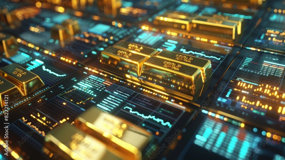 High-quality image of gold bars and trading data displayed on screens High-quality image of gold bars and trading data displayed on screens