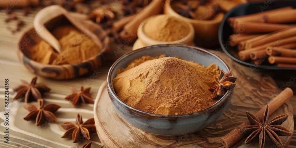 cinnamon sticks and powder on wooden table background cinnamon sticks and powder on wooden table background