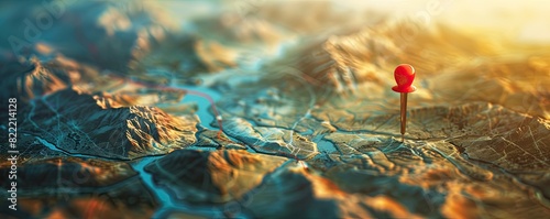 A red pin marks a specific location on a colorful, detailed map with routes. The vibrant background and bokeh effect create a sense of travel and adventure
