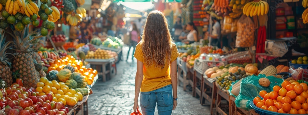 Obraz premium A traveler exploring a vibrant street market in a foreign country, with colorful stalls, exotic foods, and local culture.