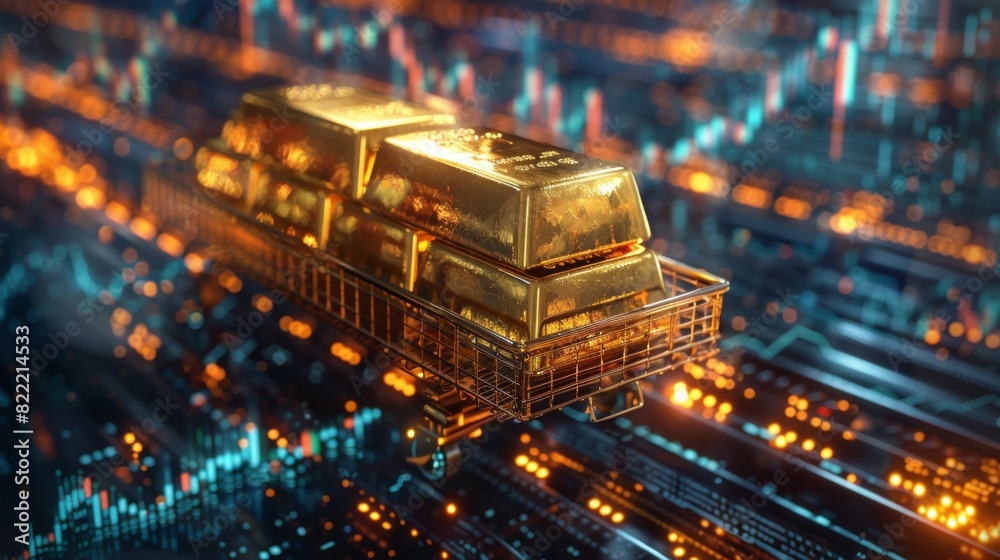 High-quality image of gold bars on a trolley overlaid with financial trading graphs