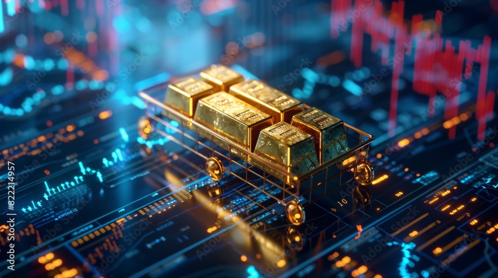 Obraz premium High-quality image of gold bars on a trolley overlaid with financial trading graphs