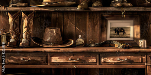 The Lonesome Ranger's Desk: A wooden desk adorned with various cowboy paraphernalia, such as a pair of worn boots, a ten-gallon hat, and a framed photograph of a wild mustang