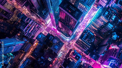  An aerial view of Manhattan lit by countless lights  showcasing the vibrant city life from above. 