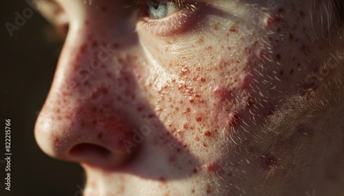 Close-up of a person's face showing acne and skin imperfections, highlighting skin texture and pores in natural lighting.