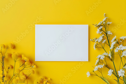 Blank paper on yellow background with flowers for greeting card mockup.