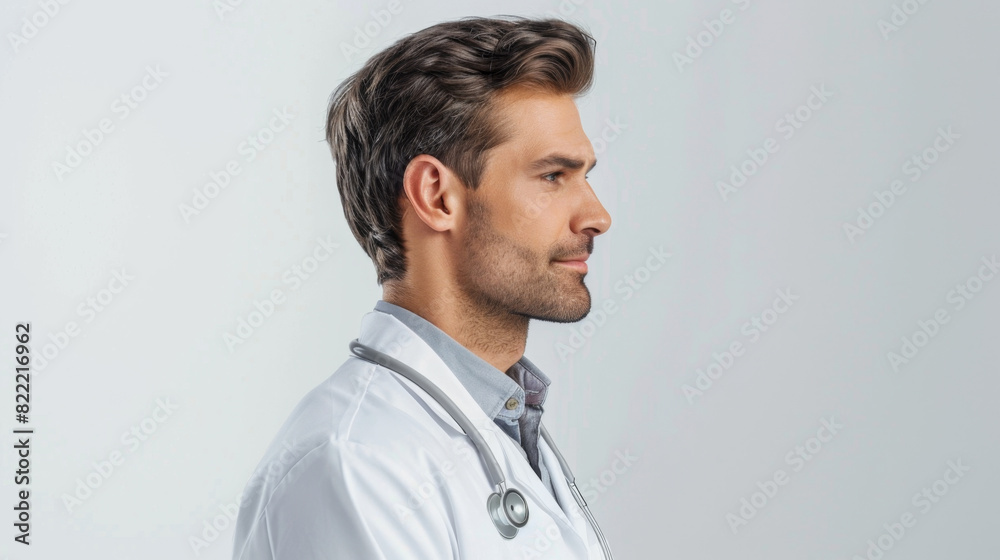 Photo-realistic side view of a caring doctor against a solid white background. Photo-realistic side view of a caring doctor against a solid white background.