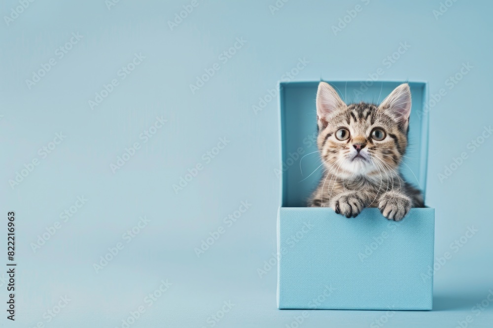 Kitten climbs out of a gift box, light blue background with copy space