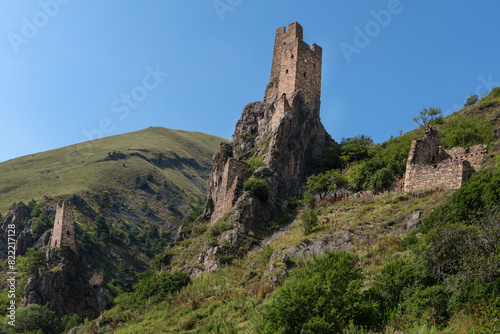 The complex of Ingush defense watchtowers Vovnushki. Guloikhi gorge. The Republic of Ingushetia. Russia