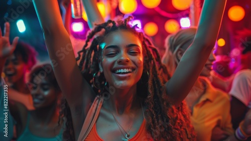 LGBTQ+ friends dancing at a vibrant club, celebrating their freedom