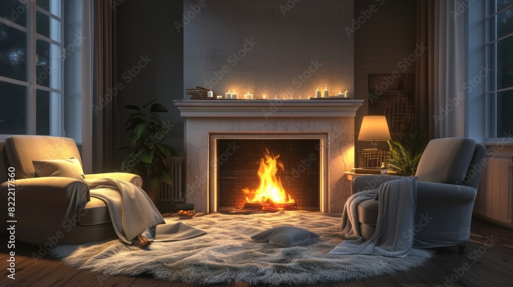 Elegant living room featuring a warm fireplace, cozy chairs, and soft lighting, perfect for a relaxing evening. Elegant living room featuring a warm fireplace, cozy chairs, and soft lighting, perfect for a relaxing evening.