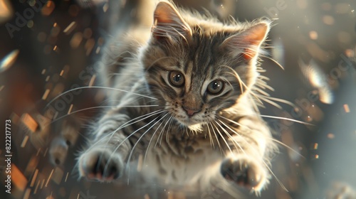 Energetic tabby kitten leaping through the air, paws extended, with a blurred background of light particles, showcasing agility and playfulness. © narak0rn