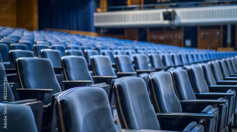 Fototapeta premium Neatly arranged rows of seats and an empty stage in a school auditorium, close-up view, ready for upcoming assemblies and performances, clean and orderly