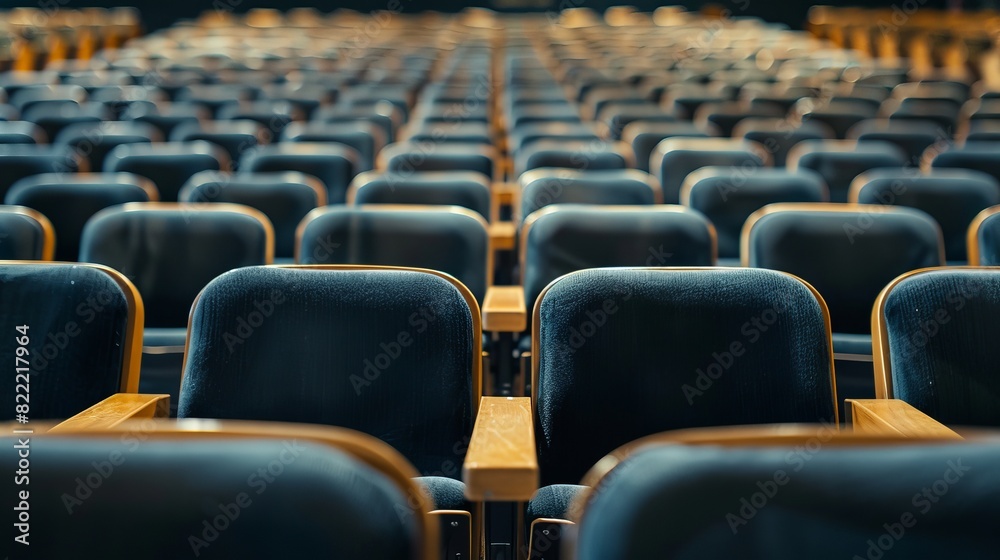 Fototapeta premium Neatly arranged rows of seats and an empty stage in a school auditorium, close-up view, ready for upcoming assemblies and performances, clean and orderly