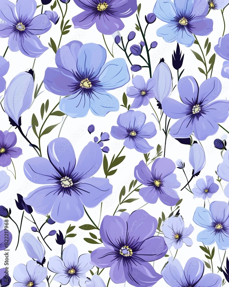 Fototapeta premium Illustrated floral pattern featuring purple and blue flowers with green leaves on a white background, ideal for decorative designs.