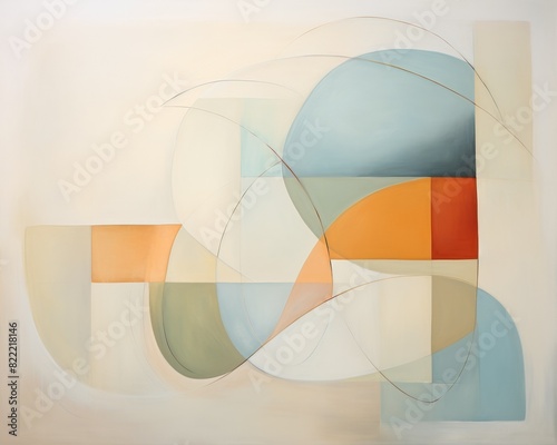 Abstract geometric art with soft pastel shapes and colors, featuring overlapping circles and rectangles for a sophisticated modern look.
