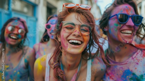 Non-binary person and friends participating in a colorful holi festival