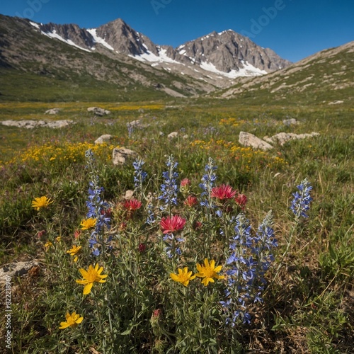 A scenic view of a mountain valley with wildflowers and a clear blue sky.