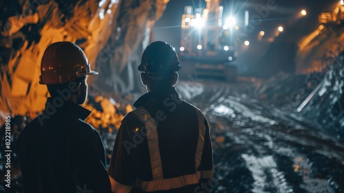 Two miners in hard hats and coveralls inspect a mine.