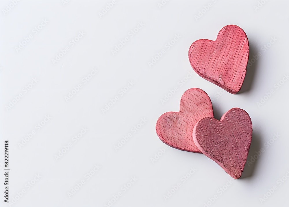 Obraz premium Two Pink Wooden Hearts on White Minimalist Background