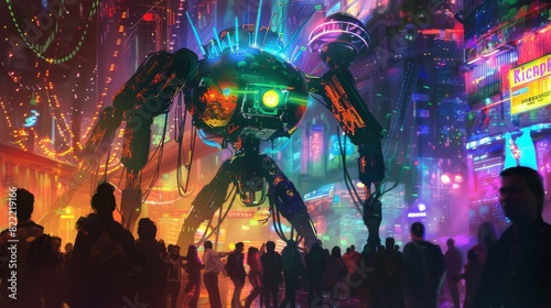 Robot Dancing In A Cyberpunk Club For Music And Technology Events