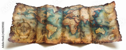 Vintage world map with burnt edges, showcasing antique cartographic design, vibrant colors, and intricate details. Perfect for history and geography enthusiasts. photo