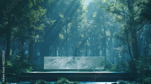 Minimalist White Rectangular Platform in Dense Ancient Forest with Sunlight Filtering Through Leaves for Serene Product Display and Brand Presentation