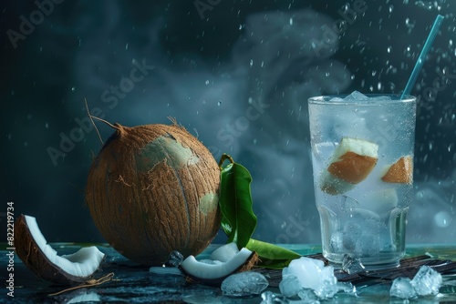 Close-up images of a coconut with a straw, alongside a glass of coconut water with ice cube photo