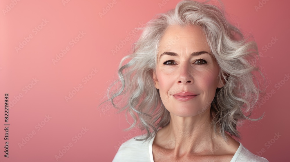 Elegant elderly woman with gray hair and soft smile, pink background, portrait
Elegant elderly woman with gray hair and soft smile, pink background, portrait