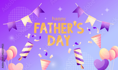Happy Father's Day set of elements for congratulating dady. Greeting card, poster or banner with balloons, party poppers with confetti