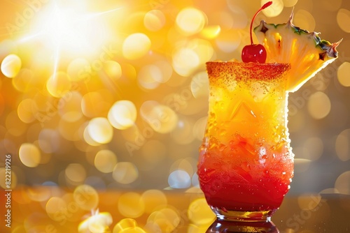 Close-up images of a vibrant tropical cocktail with layers of orange, red, and yellow, garnished with a slice of pineapple and a cherry