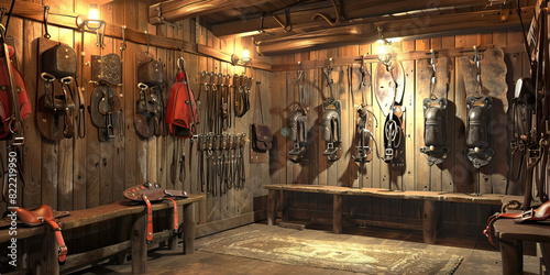 Saddle Club Room: A room designed for a saddlery club or riding academy, with walls adorned with tack, bits, and spurs