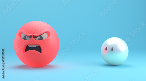 A photorealistic 3D  of a pastel red sassy emoji next to a pearl contemplative emoji, both on a solid electric blue background, showcasing sass against deep thought. photo
