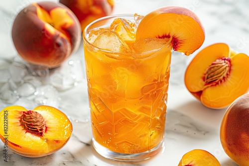 Close-ups of ripe peaches, both whole and sliced,summer drinks photo